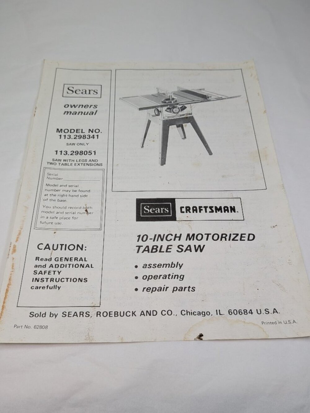 Vintage 1980s Sears Craftsman 10-Inch Table Saw Owners Manual (Model 113.298341)